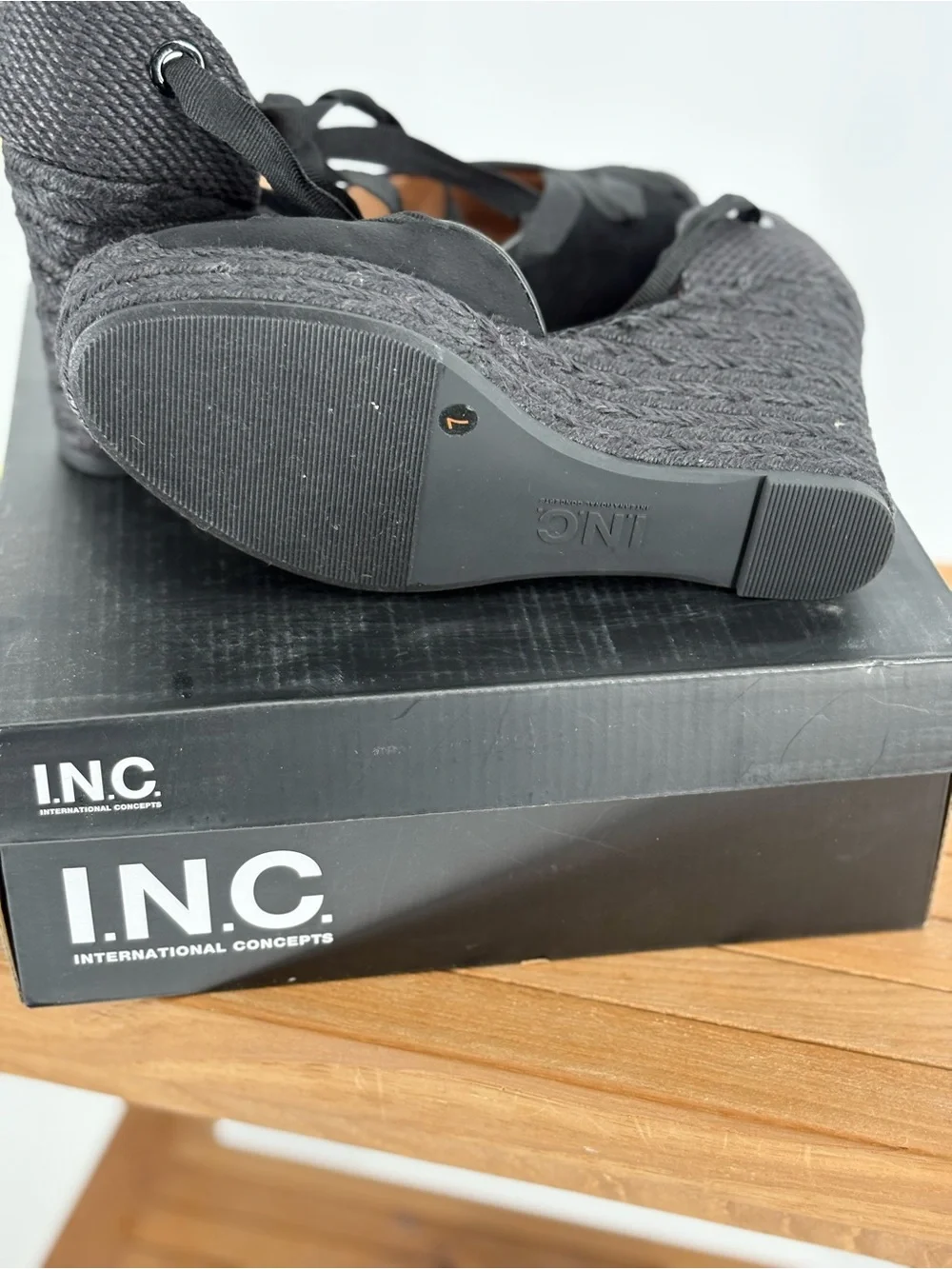 New INC International Concepts Black Lace-Up Espadrille Wedge Heels size 7M